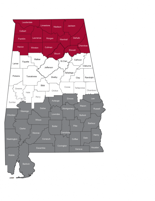 Map of Alabama divided into a north Alabama territory, central Alabama territory and a south Alabama territory