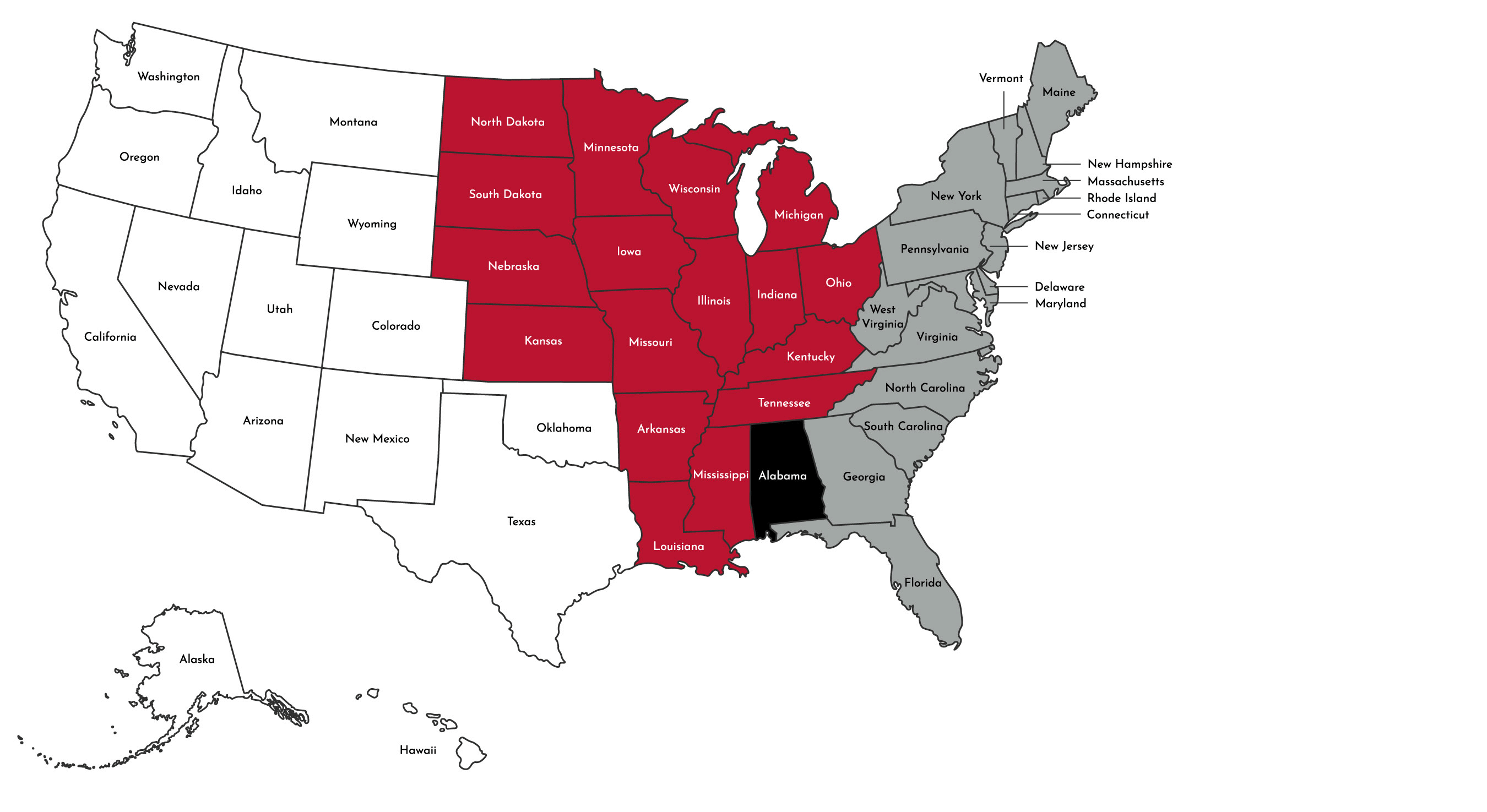 Map of the United States divided into three recruiting territories, West Central and East, with Alabama being shared by all three recruiters